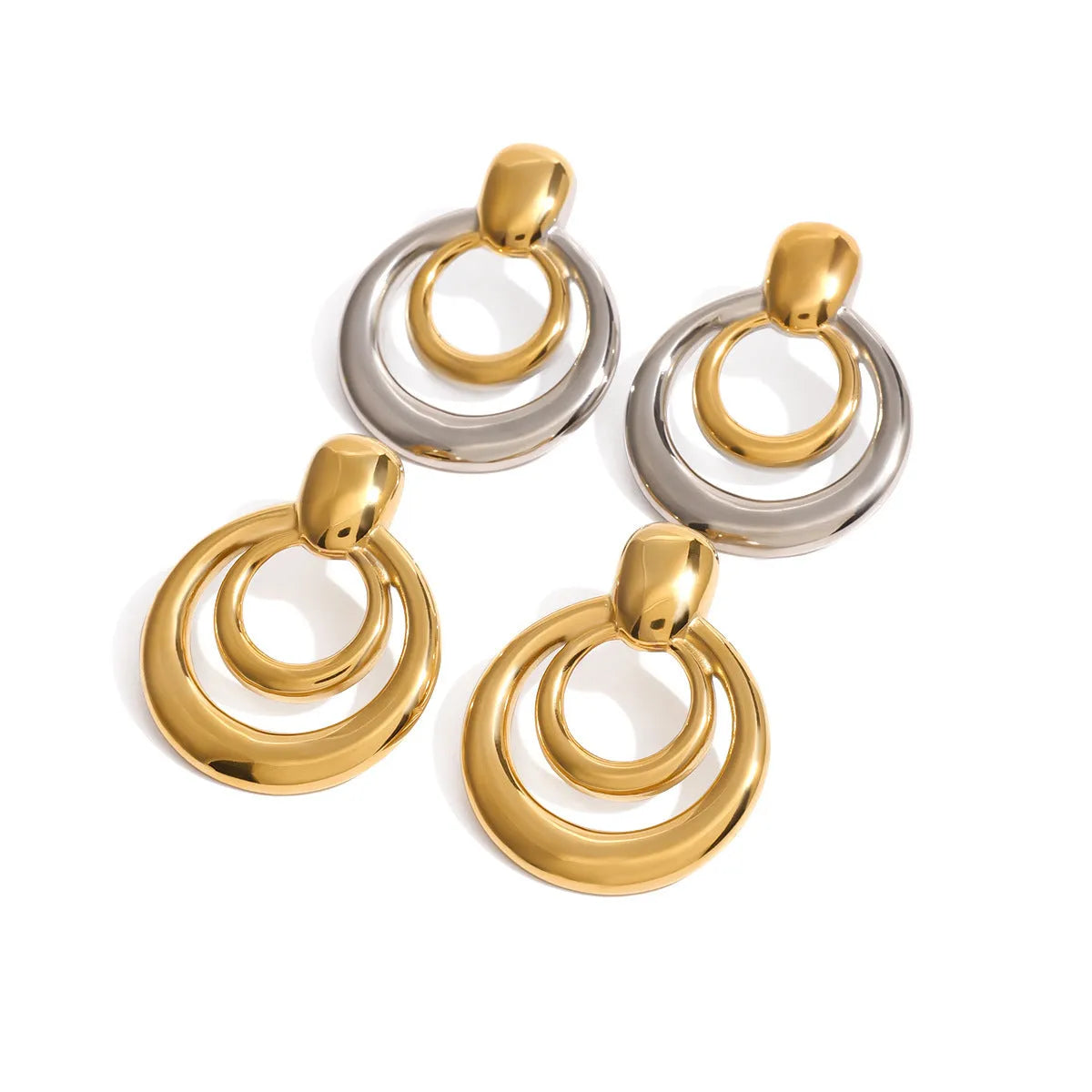 Gold geometric round stud earrings with double-layer hollow design on titanium steel posts