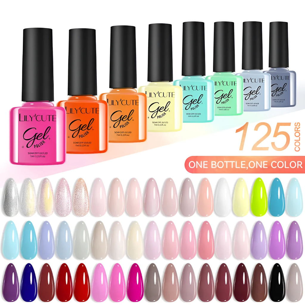 Set of 20 UV gel nail polish bottles in various colours including glitter and nude shades, each 7ml.