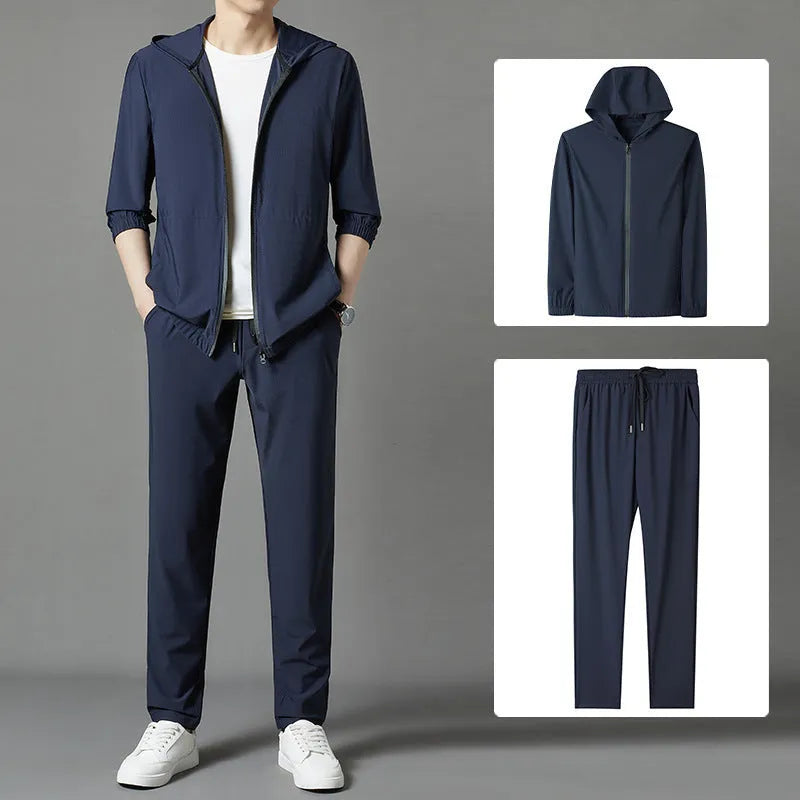 Korean style loose hooded sun-protective suit in grey, blue, or black, featuring top stitching pockets.