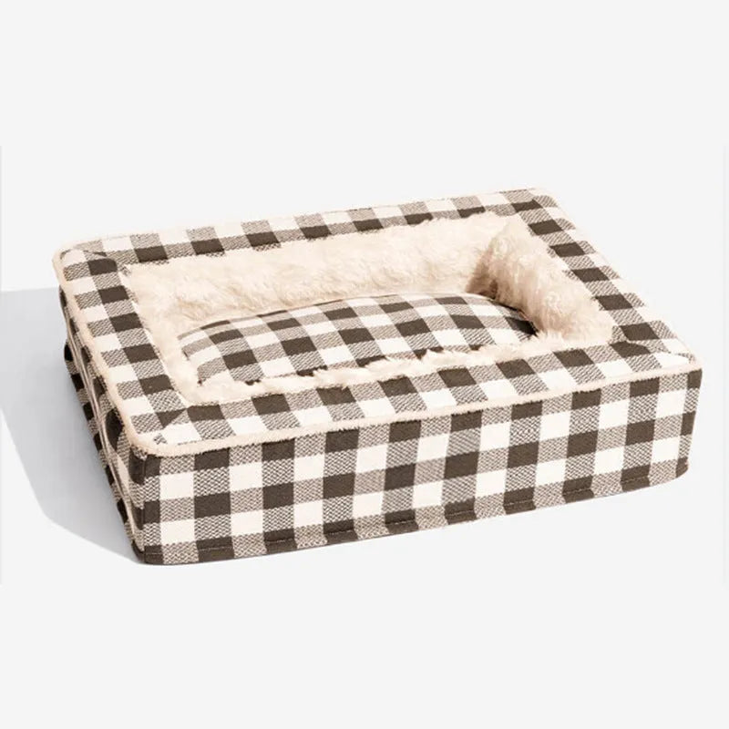 Classic plaid dog kennel cushion with removable cover in multiple colour options and sizes
