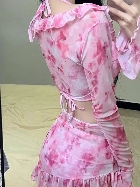 Women's floral bikini set in cherry blossom pink colour with polyester fabric