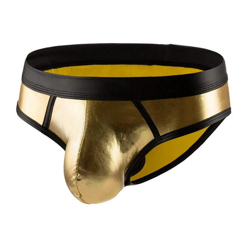Men's patent leather effect swim briefs bikini style in gold, silver, or red polyester swimwear