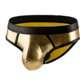 Men's patent leather effect swim briefs bikini style in gold, silver, or red polyester swimwear