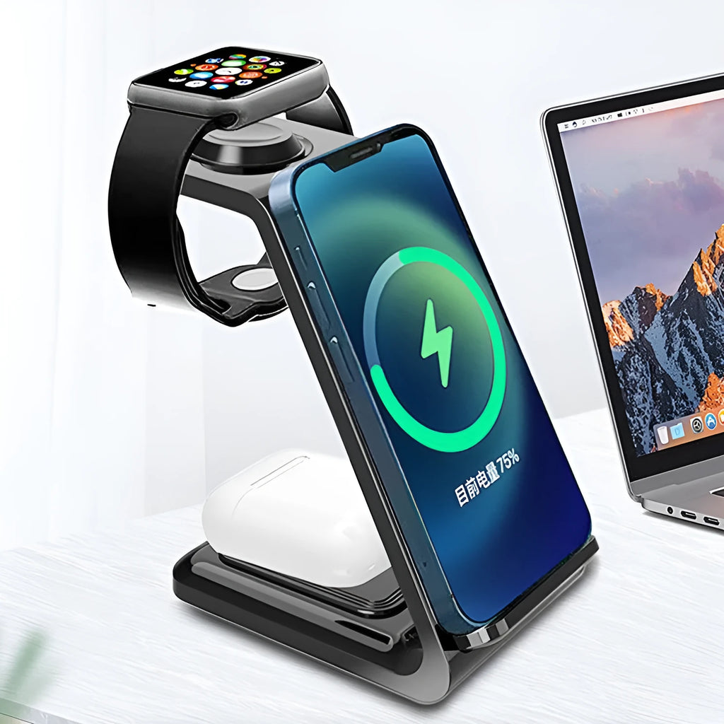 White 3-in-1 upright mobile phone holder and wireless charger with USB port on a desk.