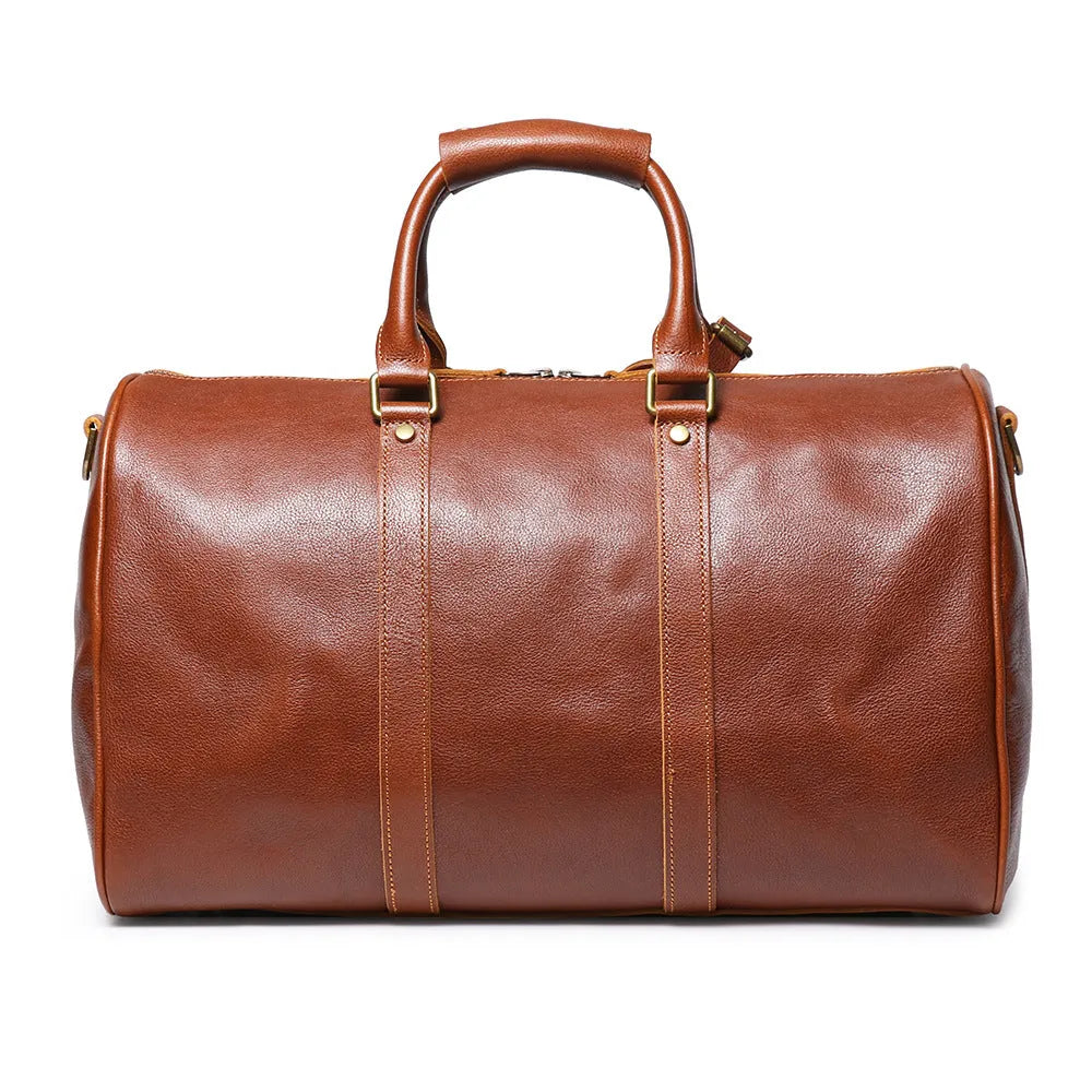 Men's genuine leather shoulder crossbody gym bag in dark coffee colour with visible stitching and adjustable strap