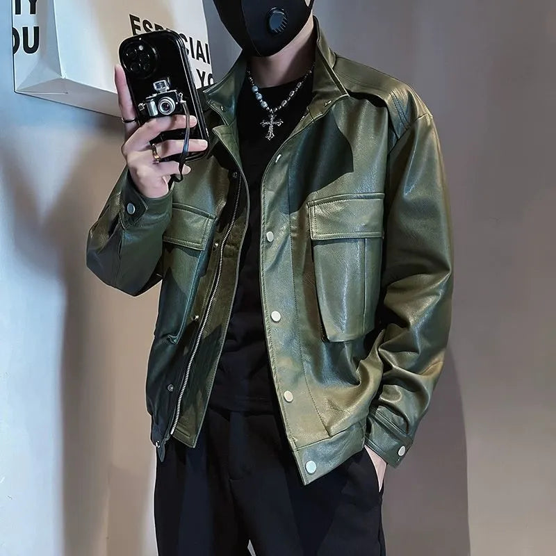 Men's black Korean-style PU leather pilot jacket with side pockets and a straight hem.