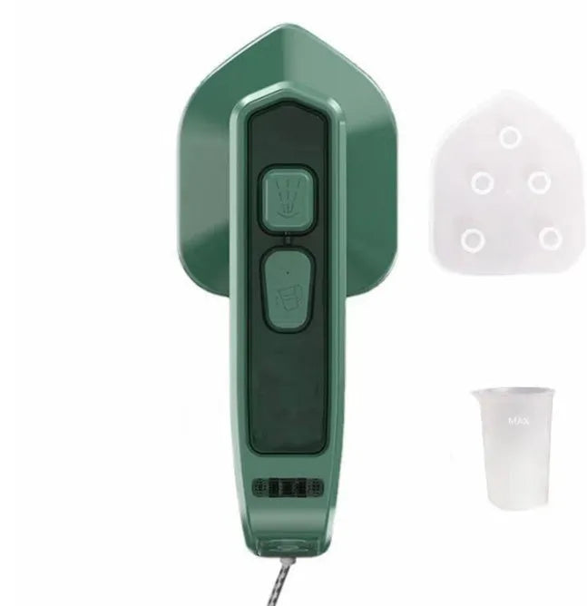 Dark green portable hand-held steam ironing machine with a ceramic panel.