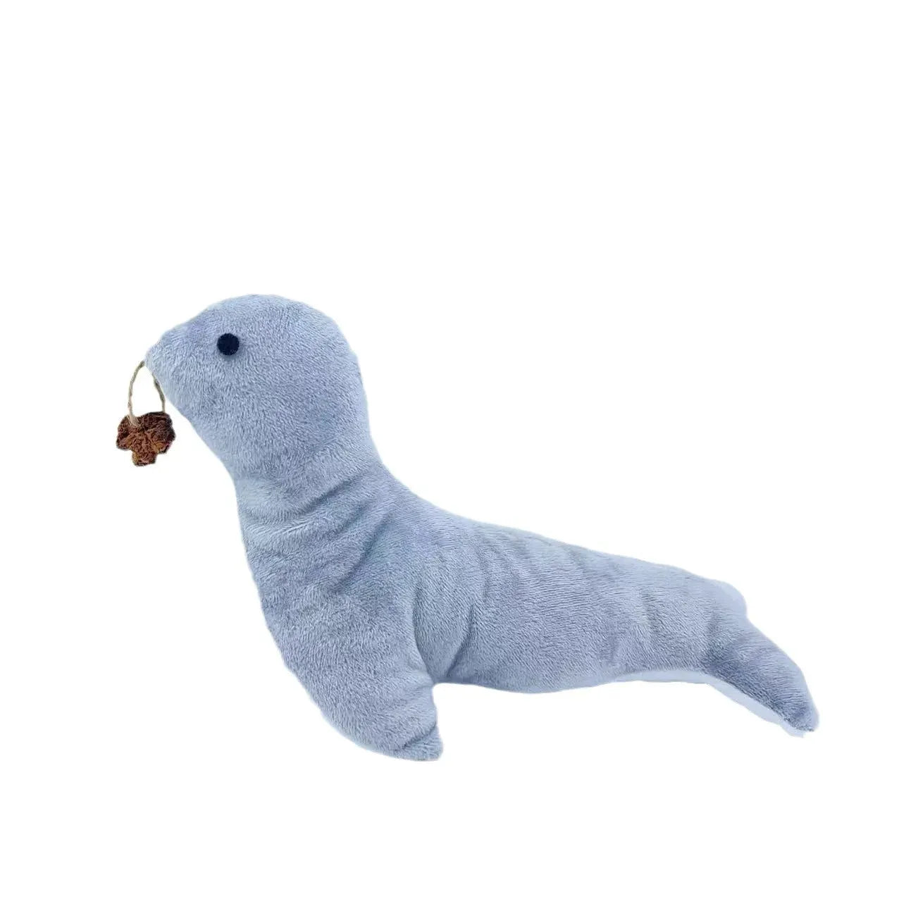 Blue sea lion plush cat toy with bell sound, catnip filling and gall fruit grinding surface