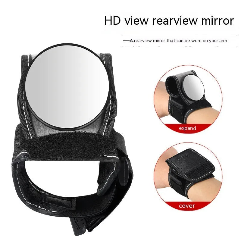 Black nylon bicycle rear-view mirror with wrist-style handlebar mount for cycling safety