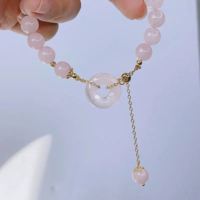 Pink crystal safety buckle bracelet for women with peace symbol clasp and adjustable band