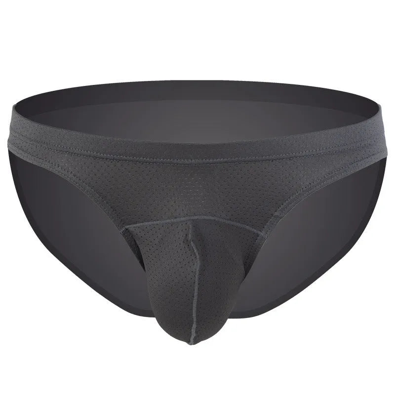 Men's transparent loose-fit nylon underwear in blue on a white background.