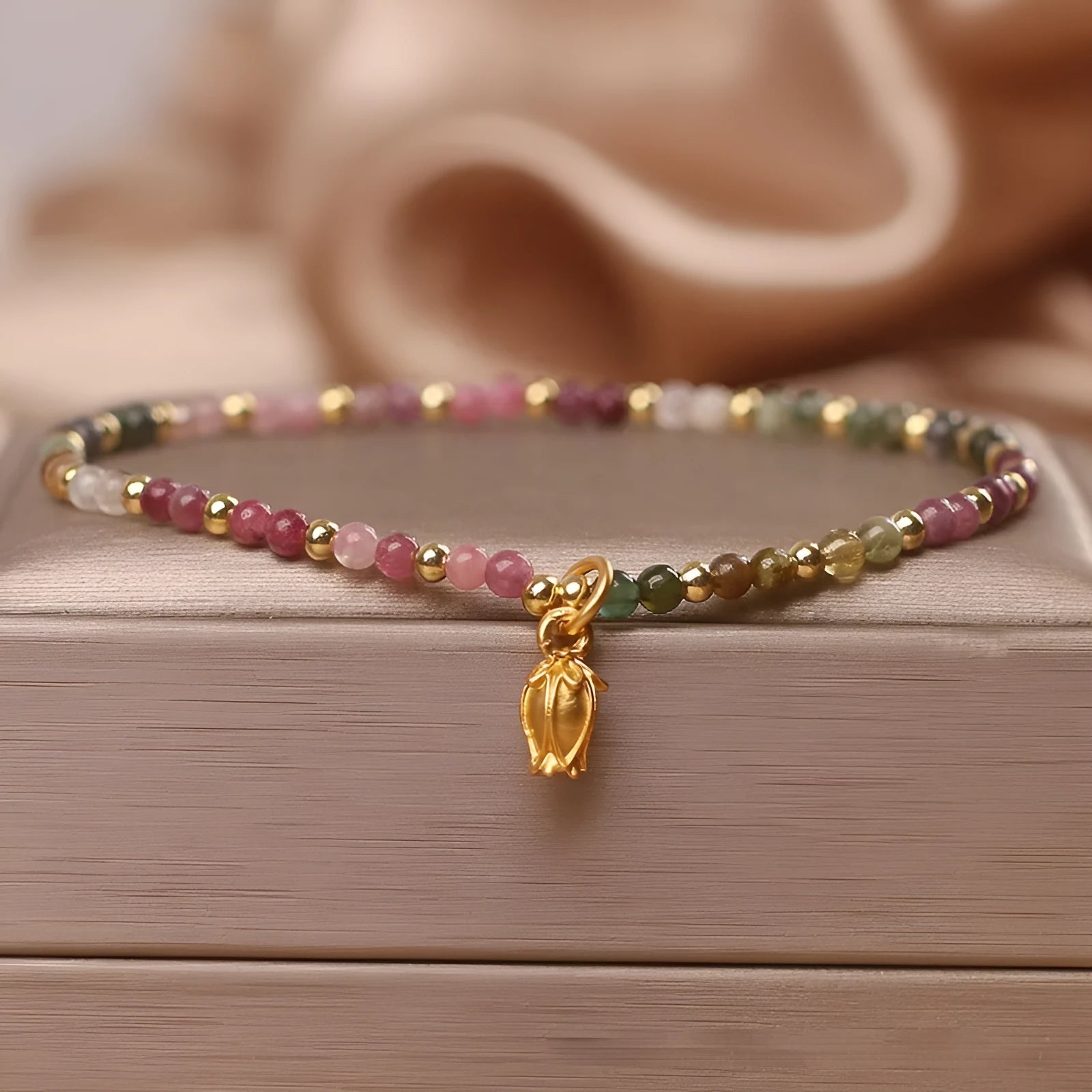 Women's natural tourmaline floral beaded anklet with delicate ankle chain