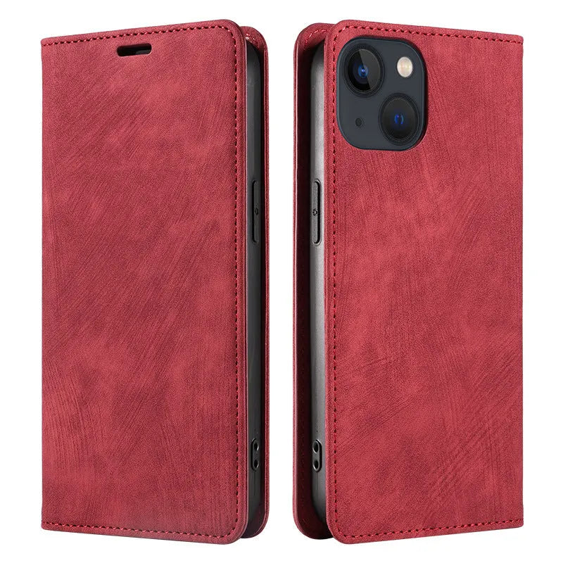 Magnetic flip leather phone case for iPhone in solid colours including red and blue.