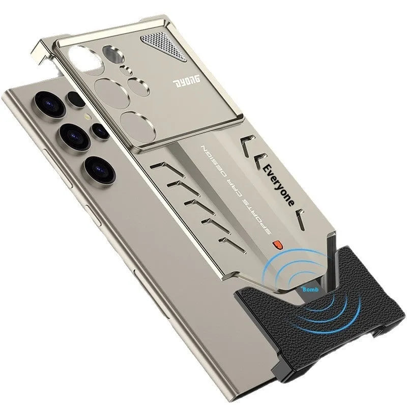 Automatic fastener aluminium alloy phone case for Samsung S24 Ultra in Titanium Gray with bracket stand