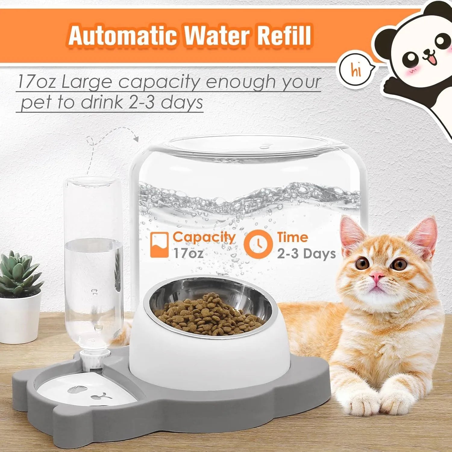 Grey panda-shaped elevated pet feeder with tilted stainless steel bowls and attached water bottle