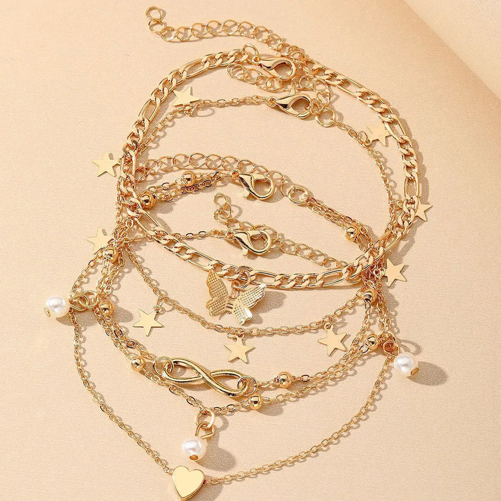 Butterfly Pearl Heart anklet set of 4 multi-layer alloy foot chain women's simple style