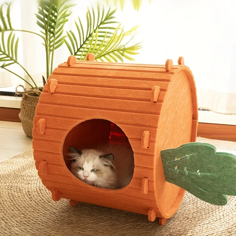 Carrot colour felt cat tunnel nest with semi-enclosed design showing drilled ventilation pattern