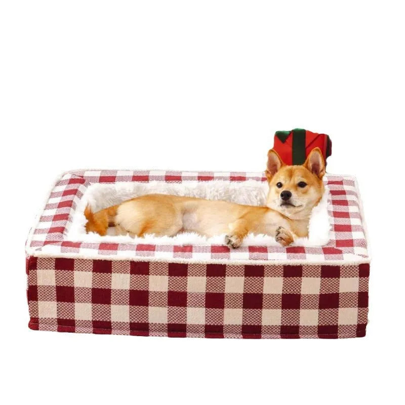 Classic plaid dog kennel cushion with removable cover in multiple colour options and sizes