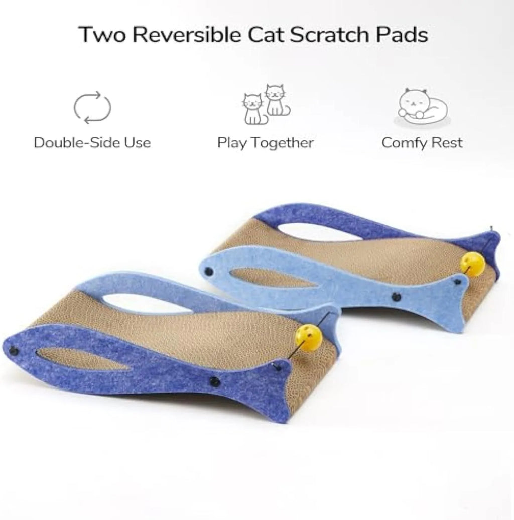 Blue fish-shaped cat scratcher lounge with bell ball toy on elastic cord