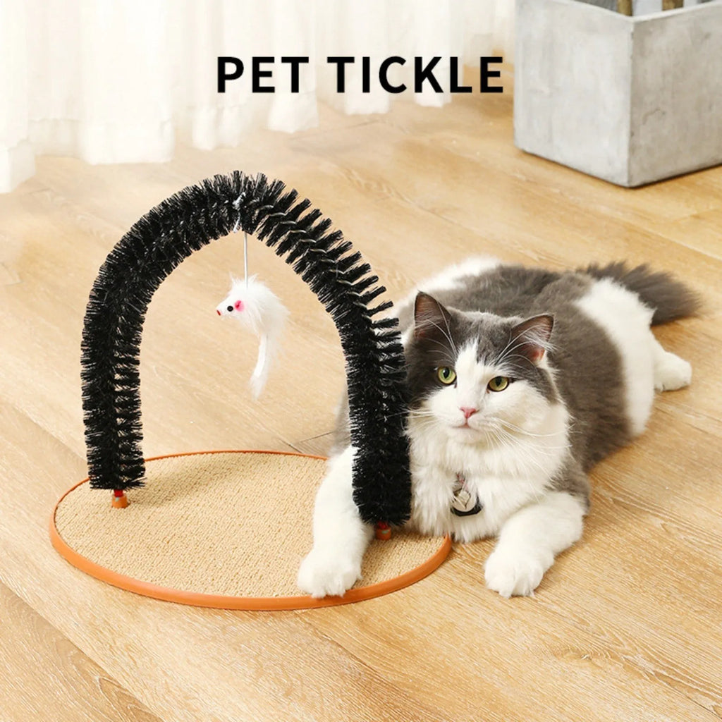 Black cat arch brush scratching post with attached plush mouse toy on non-slip base