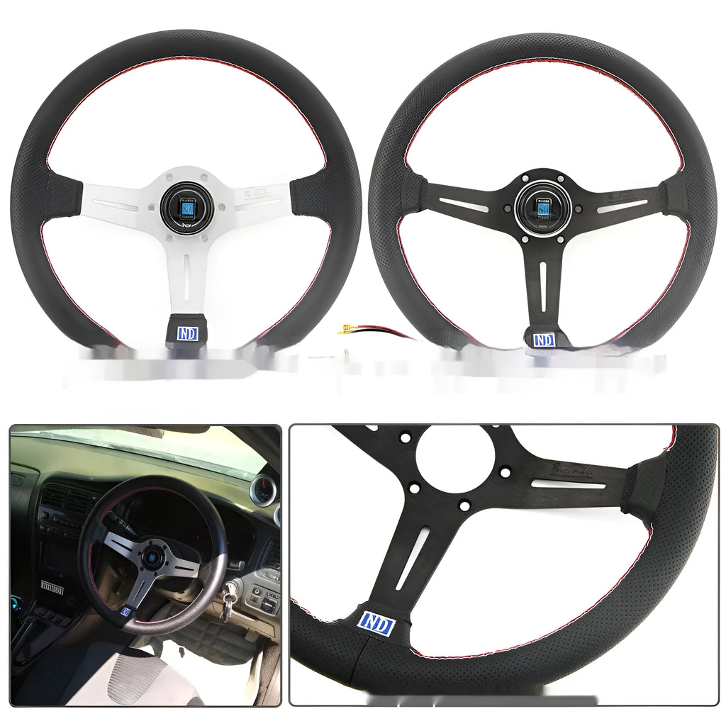 14-inch leather sports steering wheel with a middle concave design and black skeleton.