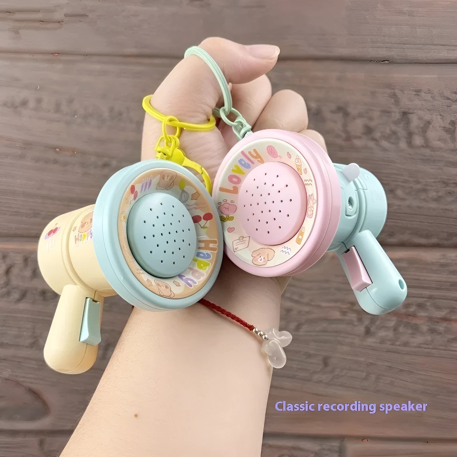 Cartoon recording small horn keychain toy ornament in green and yellow colours