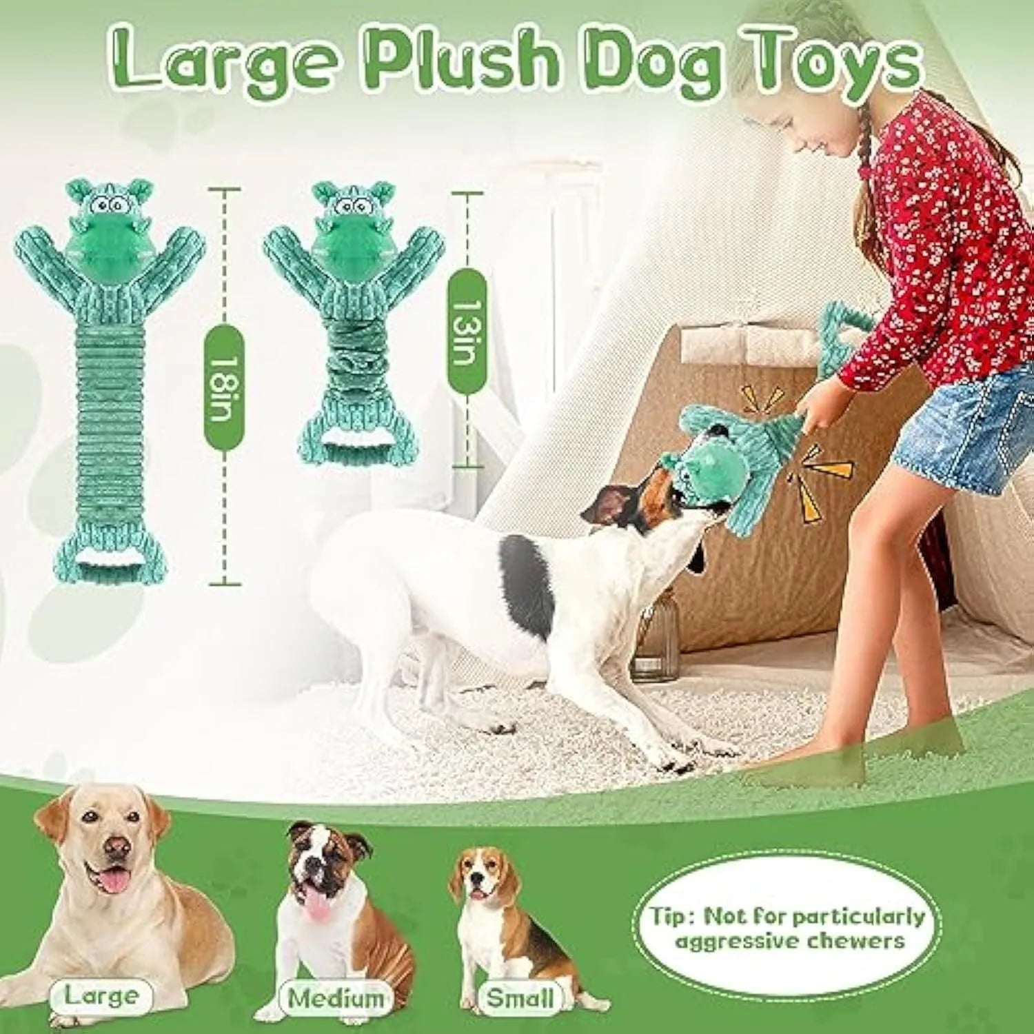Large plush squeaky dog toy in Hippo or Monkey style with a handle for tug of war.
