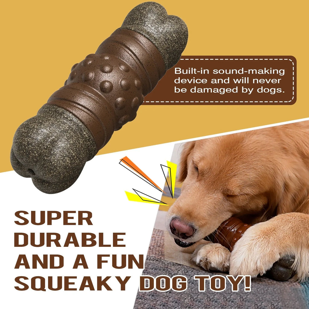 Wood colour plastic sounding bone dog toothbrush molar rod chew toy for dental hygiene.