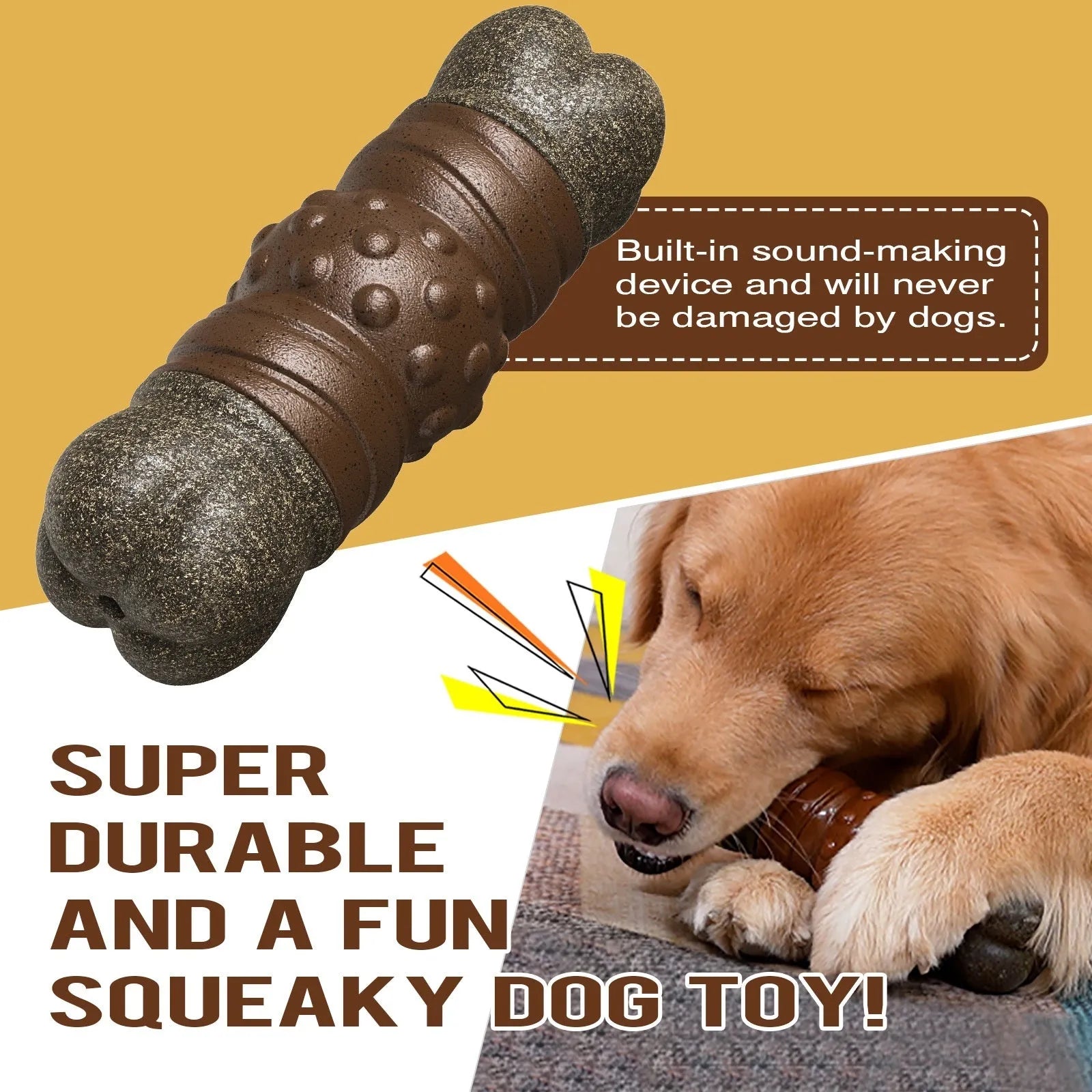 Wood colour plastic sounding bone dog toothbrush molar rod chew toy for dental hygiene.