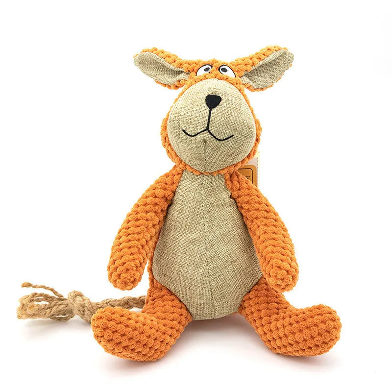 Plush dog chew toys in animal shapes with squeaker for teeth cleaning and interactive play