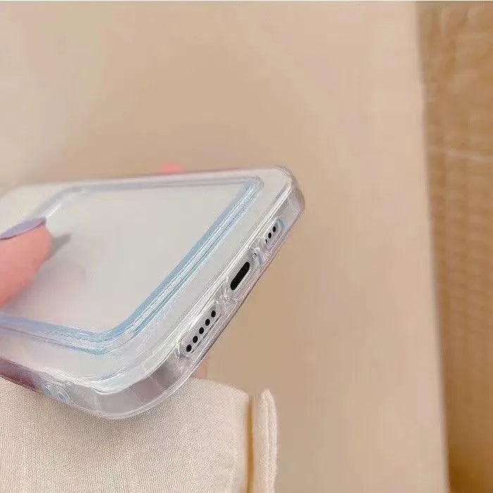 Clear transparent PVC iPhone case with a credit card visible in the integrated rear slot.