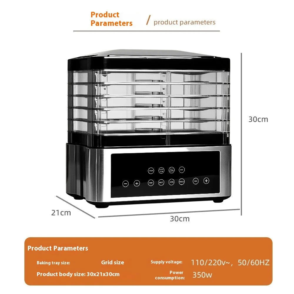 Silver stainless steel fruit dehydrator with digital display and multiple drying trays