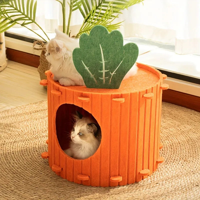Carrot colour felt cat tunnel nest with semi-enclosed design showing drilled ventilation pattern