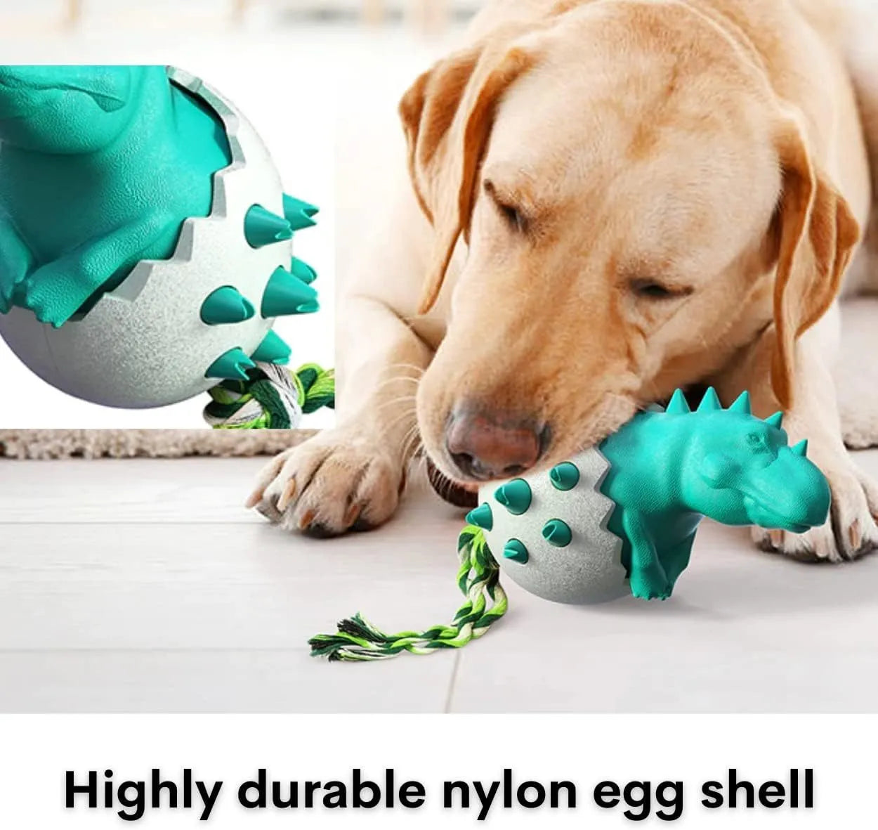 Blue dinosaur-shaped dog chew toy with a rope, showing textured nubs on its surface.