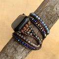 Natural agate woven bohemian watch band on a dark background, showing stone beads and bracelet style