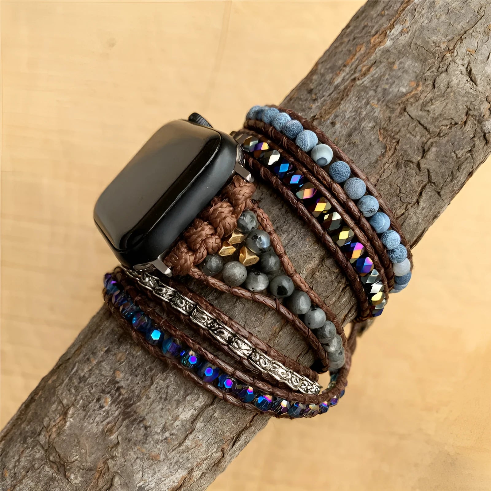 Natural agate woven bohemian watch band on a dark background, showing stone beads and bracelet style