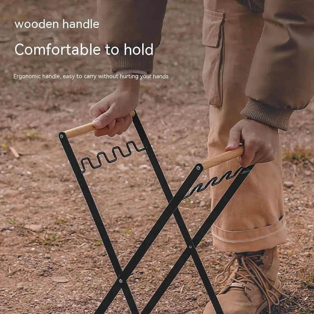Black outdoor wooden handle wrought iron folding trash rack with two hooks for waste bags or boxes