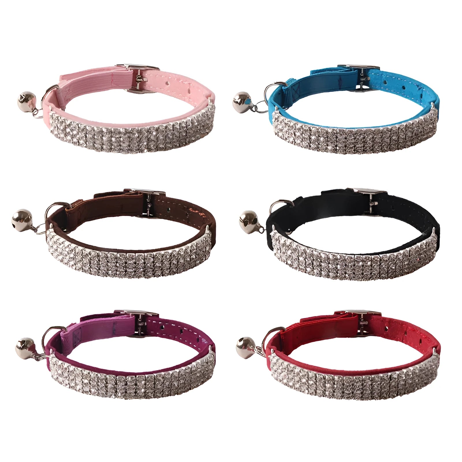 Soft flocked cat collar with elastic buckle in various colours on a white background.