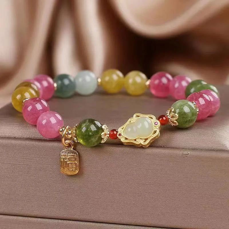 Colourful tourmaline gourd blessing card bracelet for women with electroplated finish