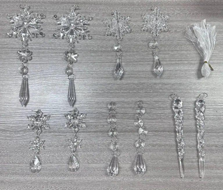 10 clear acrylic icicle and snowflake Christmas tree hanging ornaments with white ribbon
