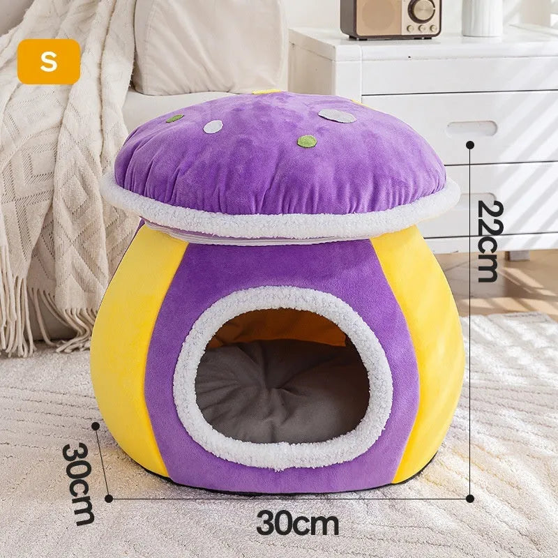 Grey plush mushroom-shaped cat bed with a detachable blanket inside a pet cage.