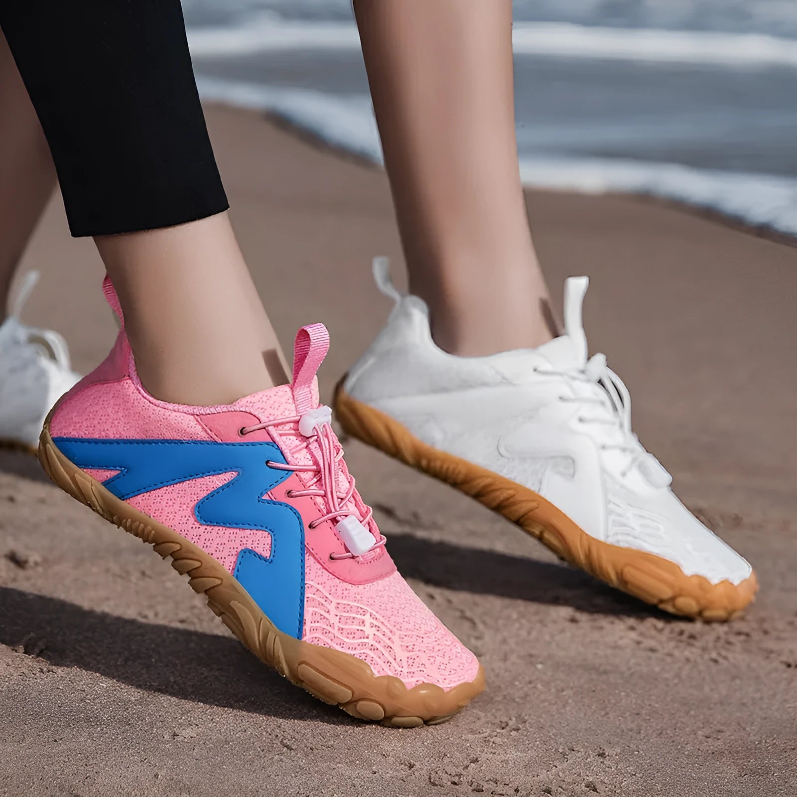 Couple sports climbing shoes with Flyknit lining and rubber sole in multiple colours.