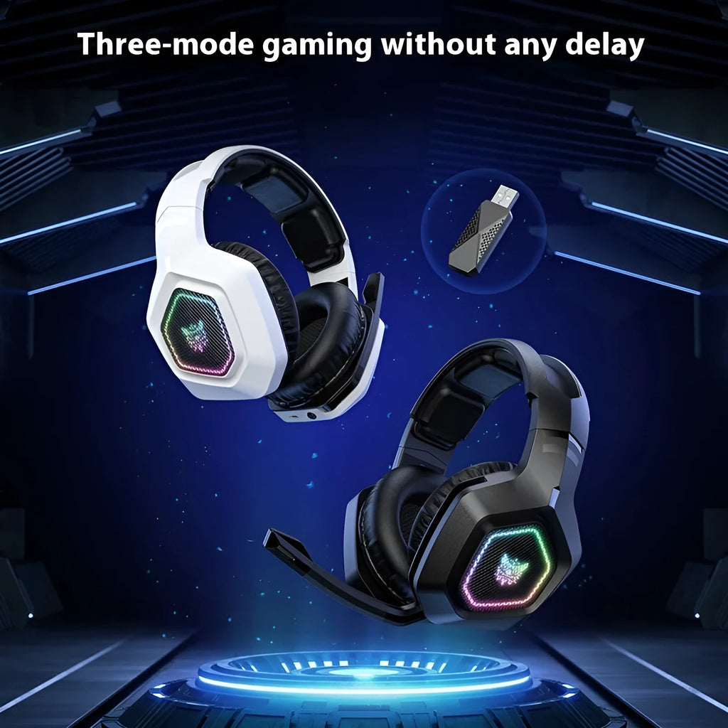 Black and white wireless gaming headset with RGB lighting showing 2.4G receiver and charging cable