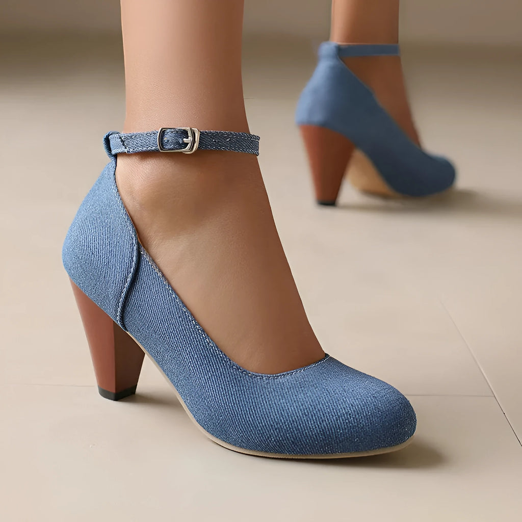 Blue denim women's platform high heel shoes with ankle buckle strap on rubber sole