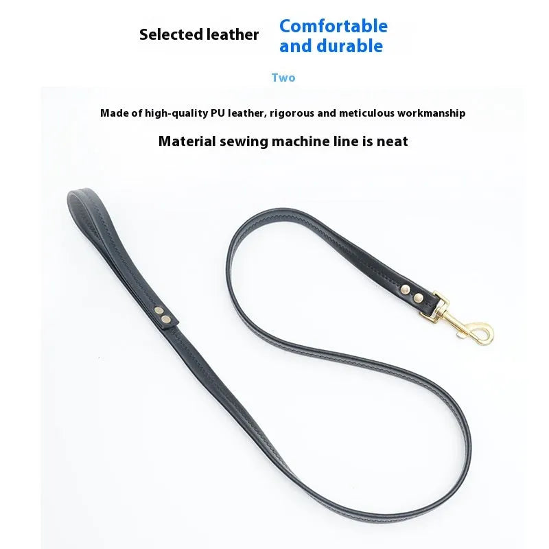 Black PU leather dog lead with metal clasp showing traction belt design