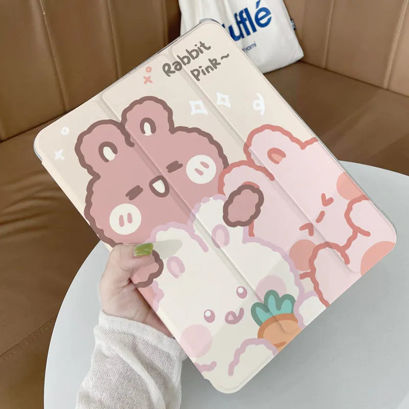 Silicone tri-fold iPad protective case with cartoon cat design, shown in stand mode.