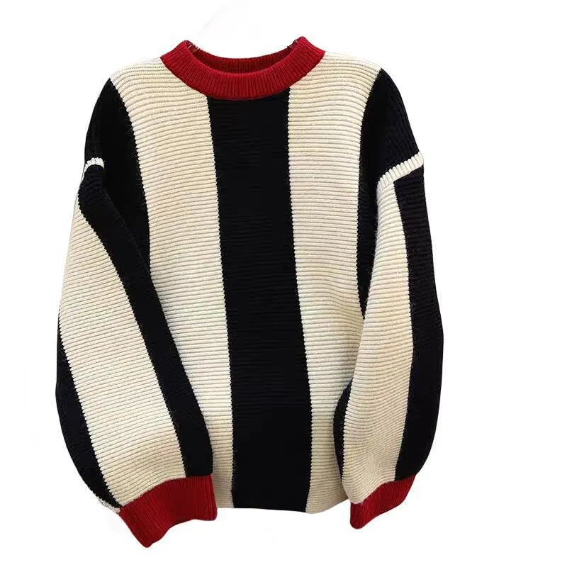Women's striped cashmere sweater with contrast colour pattern and round neck