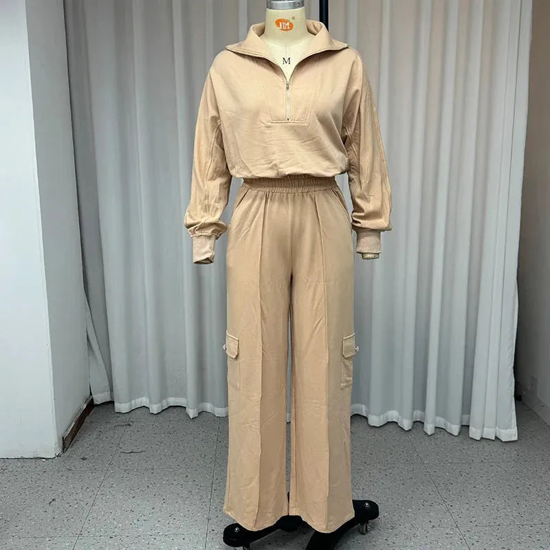 Women's light camel polyester two-piece set showing lapel top and wide leg pants