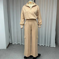 Women's light camel polyester two-piece set showing lapel top and wide leg pants