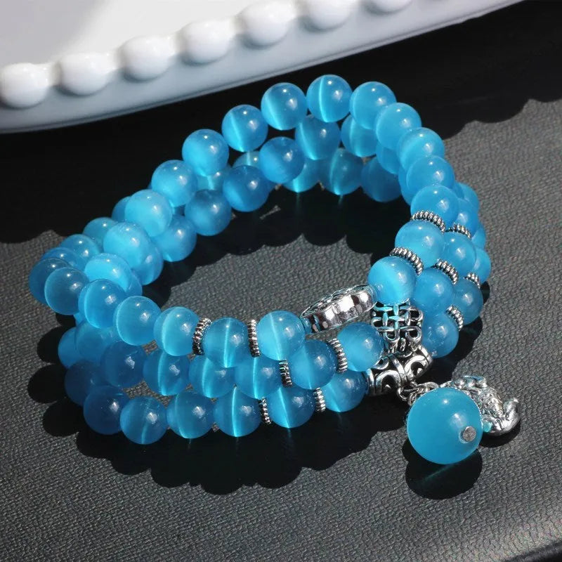 Opal lucky cat cartoon bracelet with geometric 8mm beads in adjustable 52cm length
